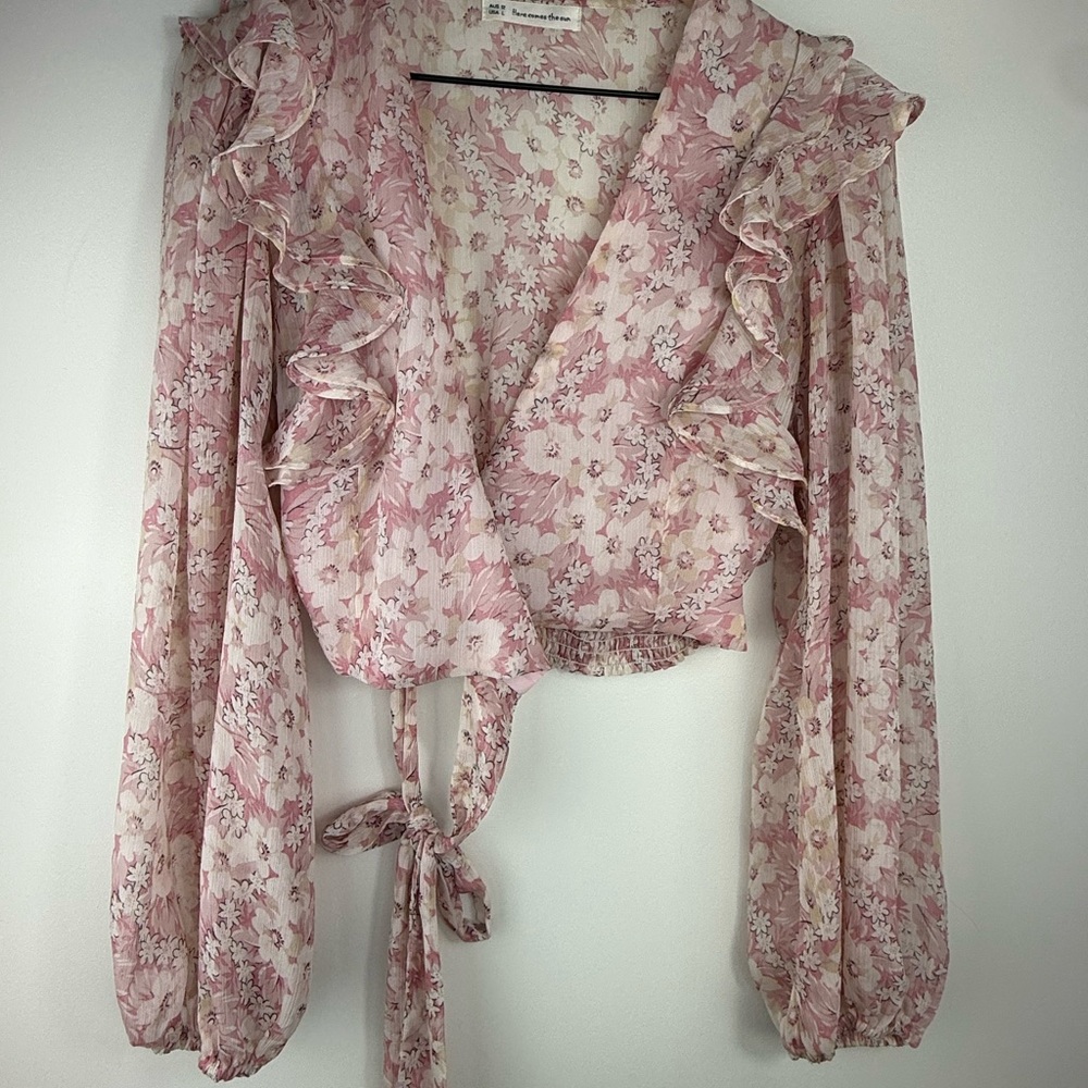 Pink Floral Ruffle Wrap Blouse - Picture 2 of 8